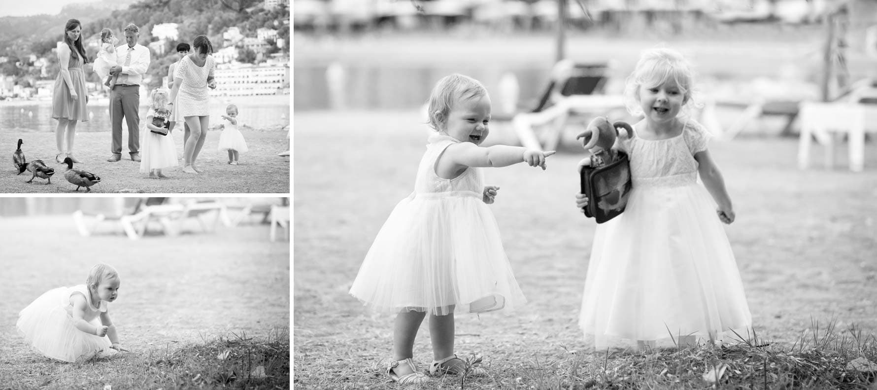 Playing with the ducks by Mallorca wedding photographer in Port de Soller