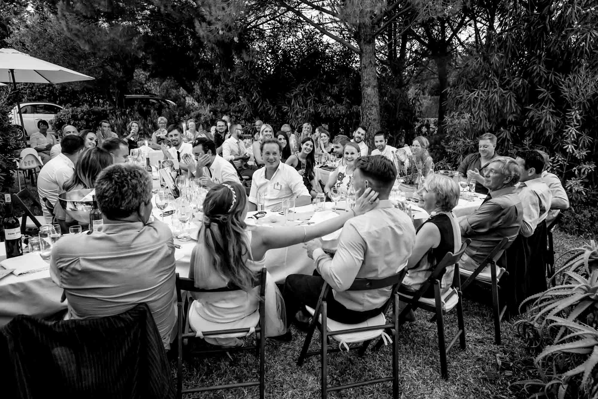 Cathy gives Ben a gentle touch during the best man's speech at their intimate Mallorca finca wedding
